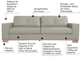 Sofá 3 Lugares Sala de Estar Pés Madeira kenny 240 cm Couro Avelã G43 - Gran Belo