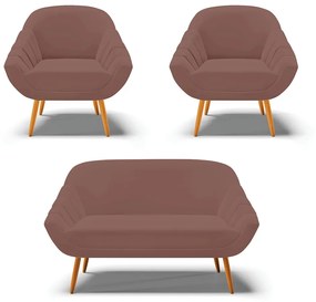 Kit 01 Namoradeira 02 Lugares e 02 Poltronas Giovana Veludo Pés Palito Castanho - D'Rossi - Rose