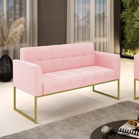 Sofá Namoradeira Elisa Suede Rosa Bebê Base Metálica Industrial Dourado - D'Rossi