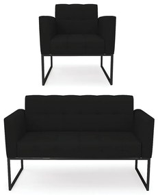 Kit 1 Sofá Namoradeira e 1 Poltrona Elisa Linho Preto A79 Base Metálica Industrial Preto - D'Rossi