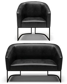 Sofá Namoradeira e Poltrona Base Industrial Preto Stella Sintético PU D03 - D'Rossi - Preto