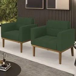Poltrona Base Madeira Castanho Kit 2 Ana Veludo Verde - Ibiza