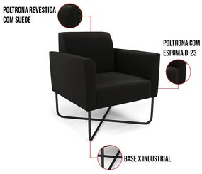 Kit 2 Poltronas Base X Industrial Preto Marisa Suede - Preto