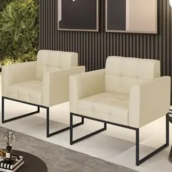 Poltrona Base Industrial Preto Kit 2 Ana Veludo Luxo Off White - Ibiza