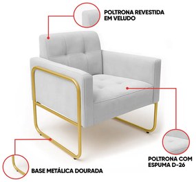 Poltrona Sala Industrial Alta Tubo Dourado Elisa Veludo D03 - D'Rossi - Cinza