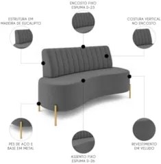 Sofá 2 Lugares 160cm Pés Aço Dourado Tamar Veludo Grafite Z08 - Mpozen