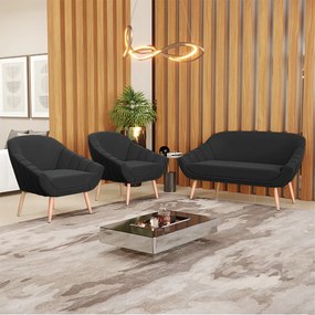 Kit 01 Namoradeira 02 Lugares e 02 Poltronas Giovana Suede Preto Pés Palito Natural - D'Rossi