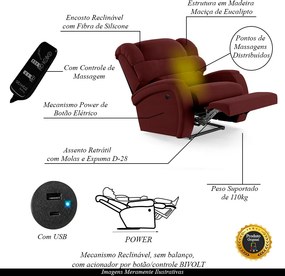 Poltrona do Papai Sala de Cinema Reclinável Kylie Power Elétrica Massagem USB Veludo Vinho G23