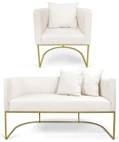 Kit 01 Namoradeira 02 Lugares e 01 Poltrona Paola Linho Base Metálica Dourado D03 - D'Rossi - A27 Areia