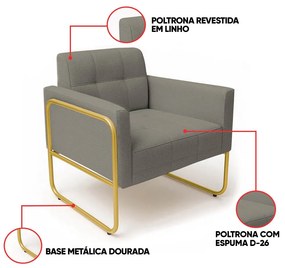 Poltrona Sala Industrial Alta Tubo Dourado Elisa Linho D03 - D'Rossi - Grafite