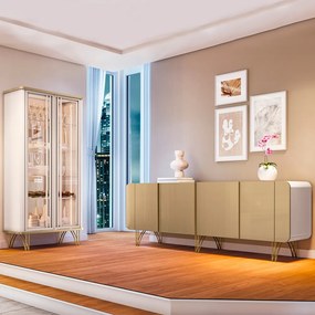 Conjunto Cristaleira Buffet LED Portas de Vidro Évora/Saluti Off White/Champagne G26 - HB Móveis