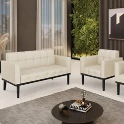 Sofá Namoradeira e 1 Poltrona Base Madeira Preto Ana Veludo Luxo Off W