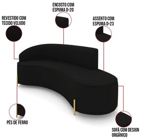 Sofá 4 Lugares Orgânico 220cm Pé Dourado Morgan Veludo D03 - D'Rossi - Preto