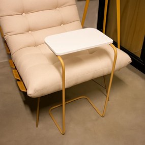 Mesa Lateral Multiuso Tampo Branco Base Dourada para Sofá Drossi
