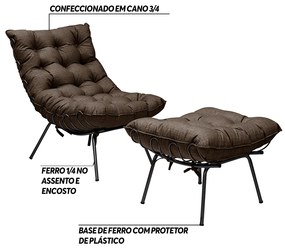 Conjunto Decorativo Poltrona e Puff Abel Base de Ferro Preto Linho Marrom G41 - Gran Belo