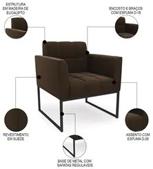 Sofá Namoradeira e 2 Poltronas Base Industrial Preto Ana Suede Marrom
