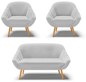 Kit 01 Namoradeira 02 Lugares e 02 Poltronas Giovana Linho Cinza A05 Pés Palito Castanho - Indo Decorar