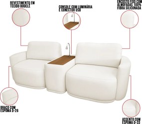 Sofá Sala Modulado 211cm com Console USB Luminária Brumma Bouclê K01 - D'Rossi - Off White