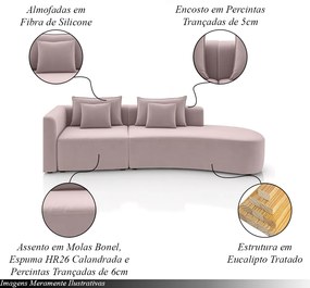 Sofá Curvo Decorativo Kimiko 297Cm 4 Lugares Sala de Estar com Chaise Veludo Rosê G52 - Gran Belo
