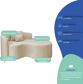Divã Recamier Curvo Sala de Estar Recepção Inglaterra 150cm Pés Metal Dourado Lado Direito Linho
