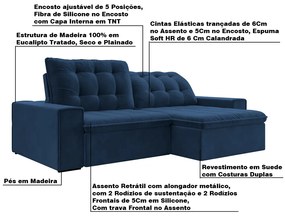 Sofá Retrátil 274 cm Sala de Estar Gabi Suede Azul Marinho G52 - Gran Belo