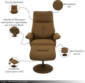 Kit 3 Poltronas do Papai Reclinável Elétrica Com Apoio de Pés Giratória e Massagem Nebraska PU Caramelo G56 - Rivatti
