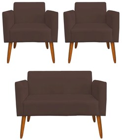 Conjunto Namoradeira e 2 Poltronas Decorativas Isabella Pés Palito Madeira Suede Marrom G19 - Gran Belo