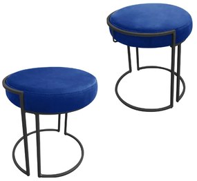 Puff Redondo Base Industrial Preto Kit 2 Love Suede - Azul Royal