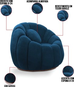 Sofá 2 Lugares com Puff e Poltrona Orgânica Fixa Cloud Bouclê E03 - D'Rossi - Azul Marinho