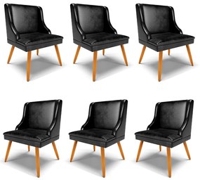 Kit 6 Cadeiras Decorativas Sala de Jantar Pés Palito de Madeira Firenze PU Preto Brilho/Natural G19 - Gran Belo