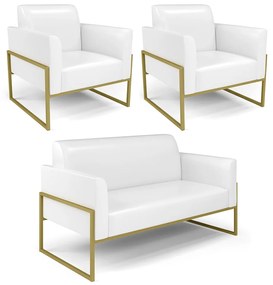 Sofá Namoradeira com 2 Poltronas Base Industrial Alta Dourado Marisa Corano D03 - D'Rossi - Branco