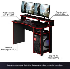 Conjunto Mesa e Armário para Escritório Home Office Gamer Cool MDP Preto/Vermelho G69 - Gran Belo