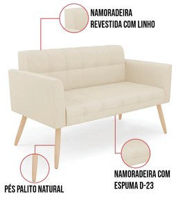 Kit 1 Sofá Namoradeira e 1 Poltrona Elisa Linho Pés Palito Natural D03 - D'Rossi - A19 Bege