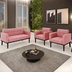 Sofá Namoradeira e 2 Poltronas Base Madeira Preto Ana Suede Rosê - Ibi