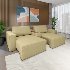 Sofá Decorativo Automatizado Shogun 272cm Reclinável 6 Posições Retrátil c/Console Central Entrada USB Bluetooth Linho Dourado G33 - Gran Belo