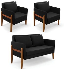 Kit 1 Sofá Namoradeira e 2 Poltronas Lana Suede Preto Base de Madeira - D'Rossi