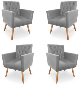 Kit 4 Poltronas Decorativas Clara Capitonê Pés Palito Suede Cinza - Sheep Estofados