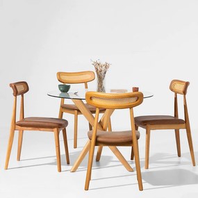 Conjunto Mesa de Jantar Thai Redonda Vidro Incolor -1,10m + 4 Cadeiras Dalí Palha Larga PU - Cognac