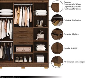 Guarda Roupa Casal Belga 6 Portas de Bater 3 Gavetas com Cabideiros Nogueira G98 - Gran Belo