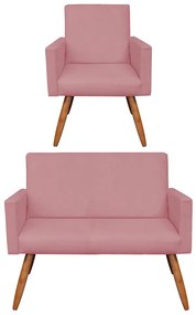 Kit 01 Namoradeira com 01 Poltrona Larissa Suede Pés Palito Castanho D'Rossi - Rose