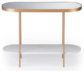 Mesa Lateral Sollare Design Oval Tampo Espelho com Tampo Inferior Acabamento Volakas Estrutura Aço Carbono Pintura Epóxi Cobre