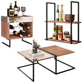 Kit Adega Mesa de Centro e Prateleira Industrial 60 cm Boreal Demolição D08 - D'Rossi