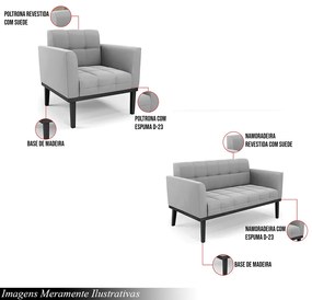 Conjunto Poltrona e Namoradeira Decorativa Karen Pés Fixo em Madeira Preto Suede Cinza G19 - Gran Belo