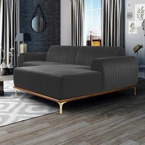 Sofá 3 Lugares Lisboa D07 com Chaise Direita 230cm Veludo Cinza - D'Rossi