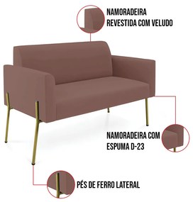 Sofá Namoradeira e Poltrona Pé de Ferro Dourado Salão Marisa Veludo D03 - D'Rossi - Rose