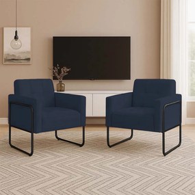 Poltrona Sala Industrial Alta Tubo Preto Kit 2 Elisa Suede D03 - D'Rossi - Azul Marinho