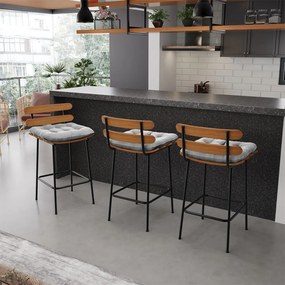 Kit 04 Banquetas Costela Suede Cinza Base Metálica Preto - D'Rossi