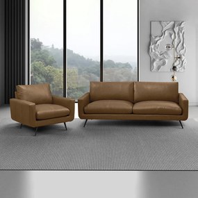 Conjunto Sala de Estar Decorativo Paloma 1 Sofá 2 Lugares 183cm 1 Poltrona Pés em Aço Couro Marrom Claro Manchado G88 - Gran Belo