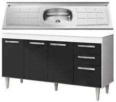 Balcão Gabinete Lis com Pia Inox 150cm 4 Portas L03 Branco/Preto - Mpo