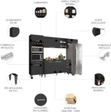 Armário de Cozinha Com Tampo CP04 280cm Pérola Preto Z34      - Mpozen